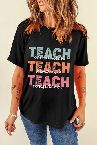 Black T-Shirt with Colorful Teach Graphic for Women Black