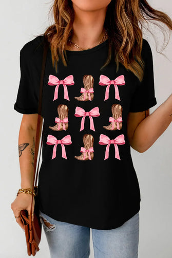 Black T-Shirt with Cowboy Boots and Pink Bows Graphic for Women Black