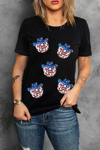 Black T-Shirt with Cowboy Hat Sequin Patches for Women Black