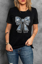 Black T-Shirt with Denim Bow Graphic and Rhinestone Detailing Black