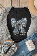 Black T-Shirt with Denim Bow Graphic and Rhinestone Detailing