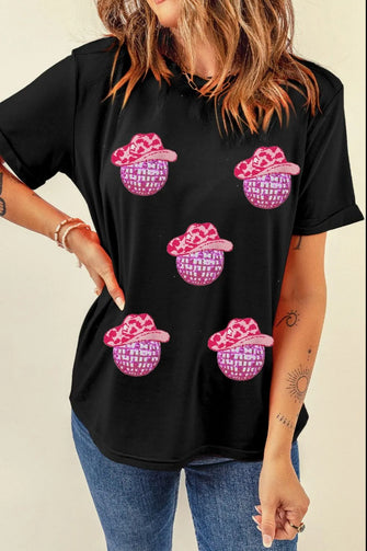 Black T-Shirt with Disco Ball Cowboy Hat Pattern for Women Black