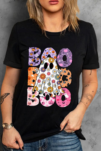 Black T-Shirt with Floral Ghost and Boo Graphic Black