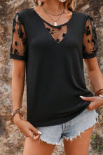 Black T Shirt with Floral Mesh Lace Sleeves for Women Black