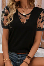 Black T Shirt with Floral Mesh Lace Sleeves for Women