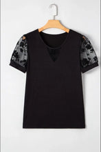 Black T Shirt with Floral Mesh Lace Sleeves for Women