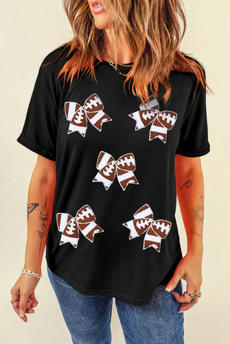 Black T Shirt with Football Bow Pattern for Women Black