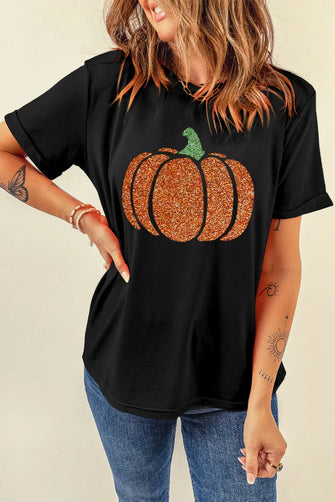 Black T-Shirt with Glittery Pumpkin Design for Women Black