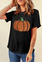 Black T-Shirt with Glittery Pumpkin Design for Women