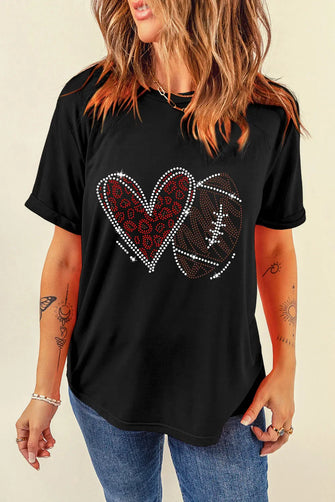 Black T-Shirt with Heart and Football Rhinestone Design Black