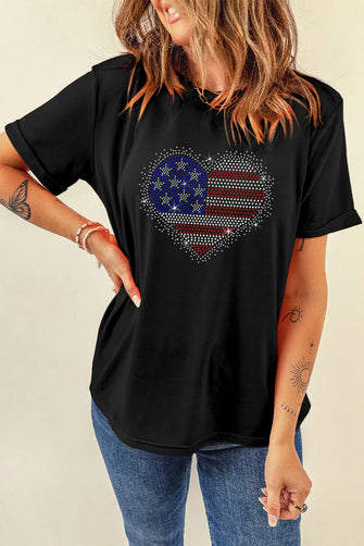Black T-Shirt with Heart-Shaped American Flag and Blue Jeans Set Black