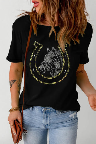 Black T-Shirt with Horse and Horseshoe Rhinestone Design Black