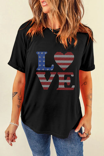 Black T-Shirt with Patriotic LOVE Design and Rhinestone Detail for Women Black