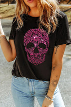 Black T-Shirt with Pink Leopard Print Skull for Women Black