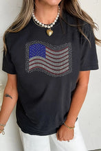 Black T-Shirt with Rhinestone American Flag Design for Women Black