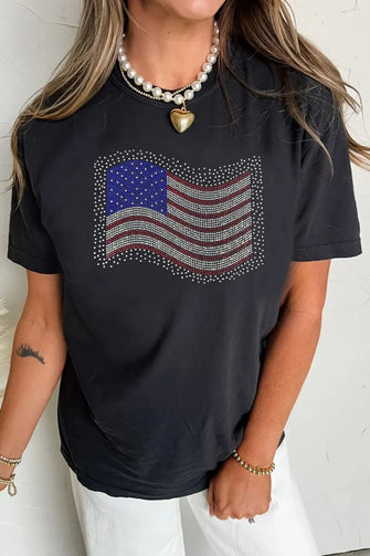 Black T-Shirt with Rhinestone American Flag Design for Women Black