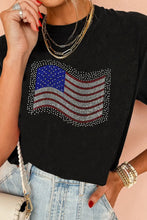 Black T-Shirt with Rhinestone American Flag Design for Women