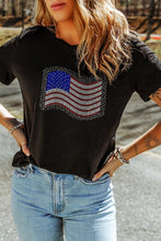 Black T-Shirt with Rhinestone American Flag Design for Women
