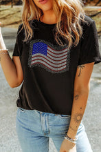 Black T-Shirt with Rhinestone American Flag Design for Women