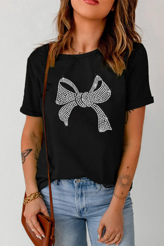 Black T-Shirt with Rhinestone Bow for Women Black