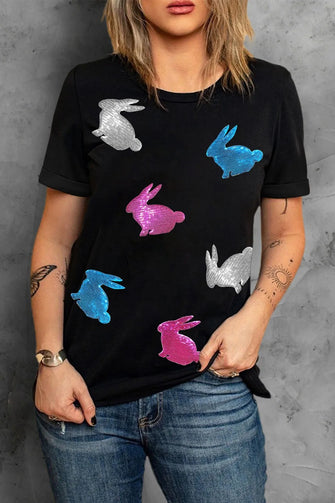 Black T Shirt with Sequined Bunny Design for Women Black