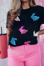 Black T Shirt with Sequined Bunny Design for Women