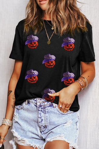 Black T-Shirt with Sequined Pumpkin Faces for Women Black