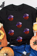 Black T-Shirt with Sequined Pumpkin Faces for Women