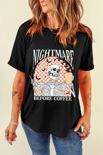 Black T-Shirt with Skeleton and Coffee Graphic for Women Black
