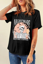 Black T-Shirt with Skeleton and Coffee Graphic for Women