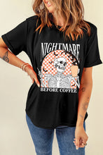 Black T-Shirt with Skeleton and Coffee Graphic for Women