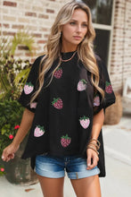 Black T-Shirt with Strawberry Pattern and Sequin Detail for Women