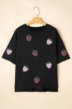 Black T-Shirt with Strawberry Pattern and Sequin Detail for Women