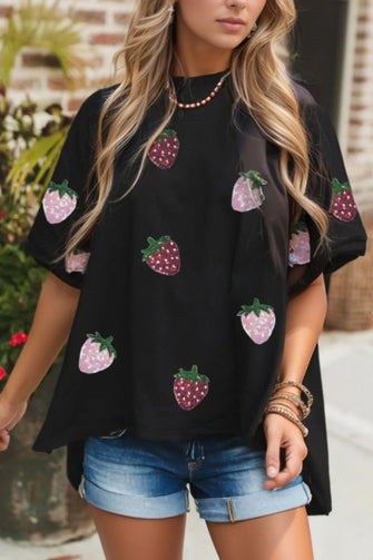 Black T-Shirt with Strawberry Pattern and Sequin Detail for Women Black