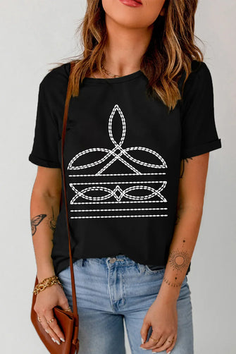 Black T-Shirt with White Geometric Design for Women Black