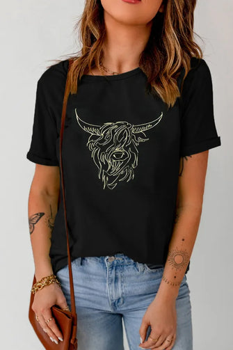 Black T-Shirt with White Highland Cow Graphic for Women Black