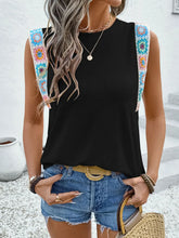 Black Tank Top with Crochet Hem Round Neck and Colorful Shoulder Straps