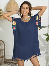 Black Tassel Swimwear Cover Up with Floral Crochet Sleeves Dark Blue One Size Swimwear Cover-Ups