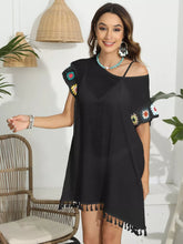 Black Tassel Swimwear Cover Up with Floral Crochet Sleeves