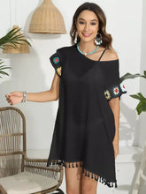 Black Tassel Swimwear Cover Up with Floral Crochet Sleeves Swimwear Cover-Ups