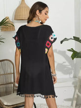 Black Tassel Swimwear Cover Up with Floral Crochet Sleeves Swimwear Cover-Ups