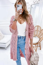 Pink lace knit cardigan with heart pattern, open front, long sleeve length