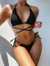 Black Textured Crisscross Bikini with Removable Padding and Tie Side Bottoms Black Swimwear