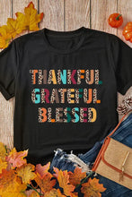 Black thankful grateful blessed womens t shirt with autumn leaves and pumpkins