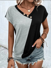 Black Two-Tone V-Neck Buttoned Short Sleeve T-Shirt for Women Gray