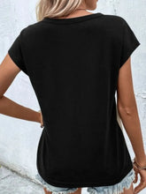 Black Two-Tone V-Neck Buttoned Short Sleeve T-Shirt for Women