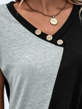 Black Two-Tone V-Neck Buttoned Short Sleeve T-Shirt for Women