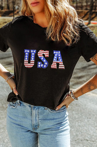 Black USA Flag Sequin Graphic T Shirt for Women Black