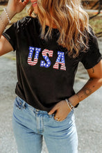 Black USA Flag Sequin Graphic T Shirt for Women