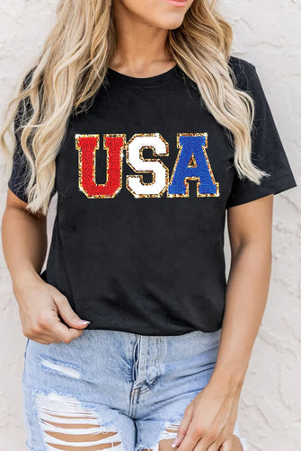 Black USA Lettering Short Sleeve T Shirt for Women Black